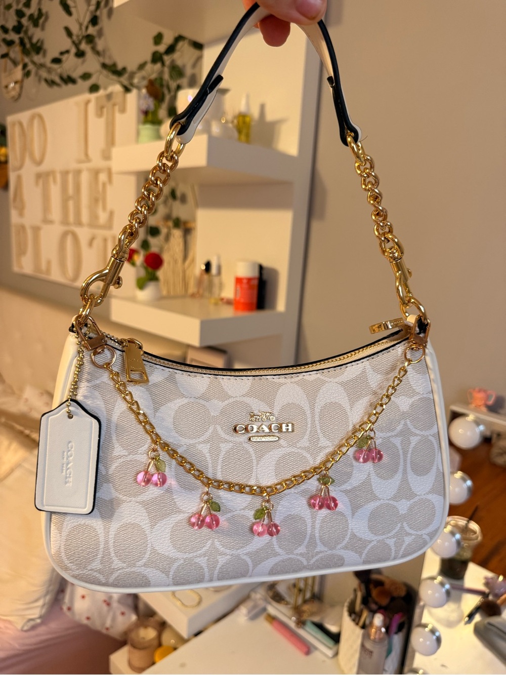 Coach White Cream Teri Shoulder Bag with Pink Charm Accents